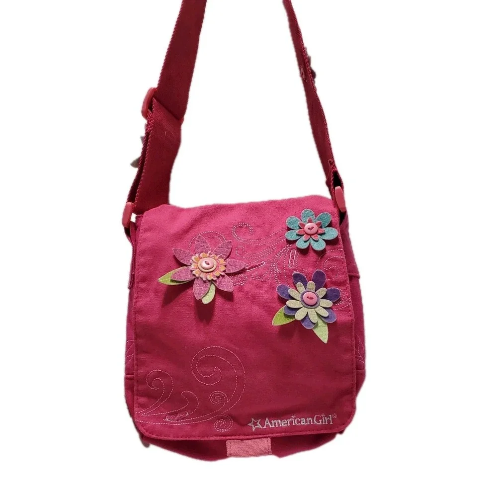 American Girl Pink Canvas Crossbody Bag Floral Applique Embroidered Purse Girls